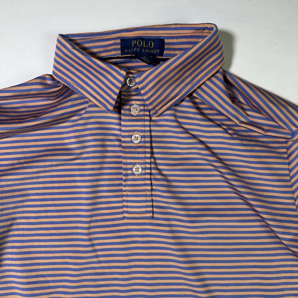 Polo Ralph Lauren Performance Striped Polo Shirt Boys Large 14-16 Orange Blue